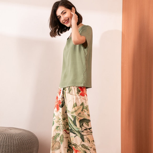 Pyjama d'été fluide en viscose - Motif floral