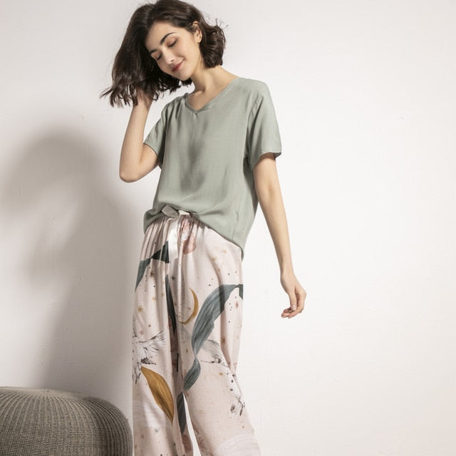 Pyjama d'été fluide en viscose - Motif floral