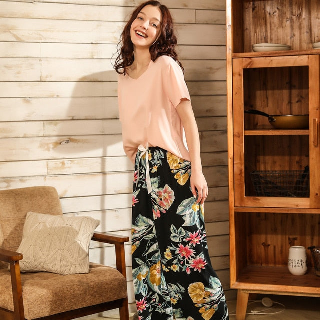 Pyjama d'été fluide en viscose - Motif floral