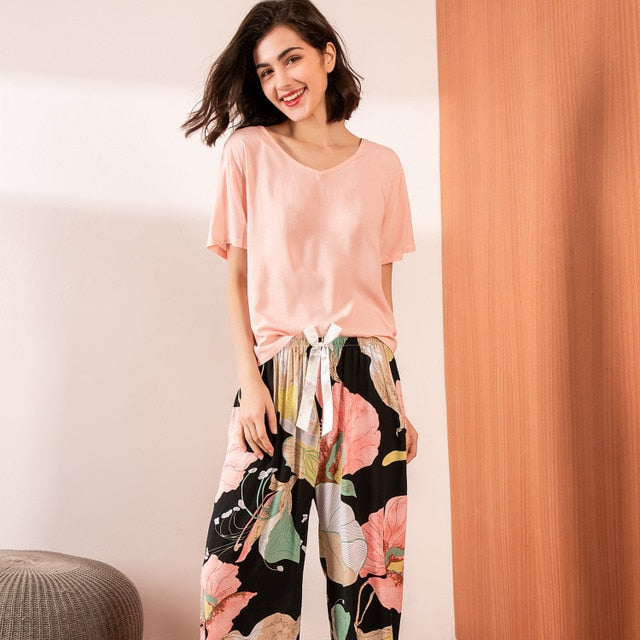 Pyjama d'été fluide en viscose - Motif floral