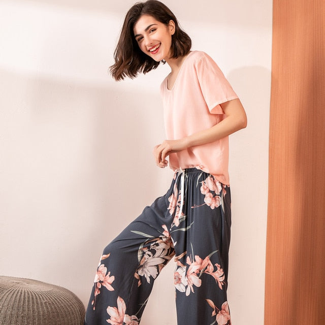 Pyjama d'été fluide en viscose - Motif floral