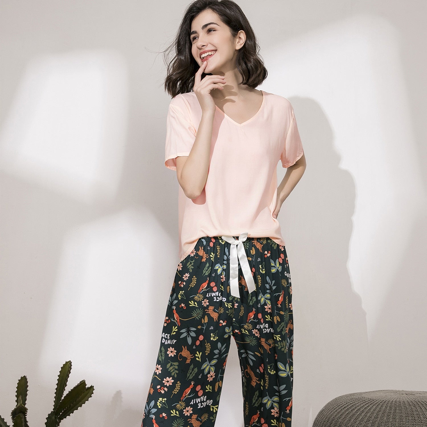 Pyjama d'été fluide en viscose - Motif floral