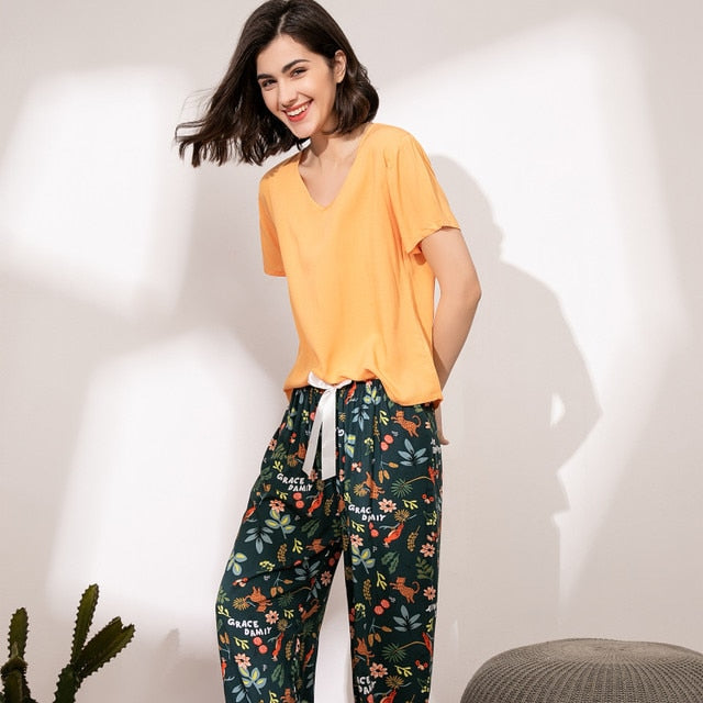 Pyjama d'été fluide en viscose - Motif floral