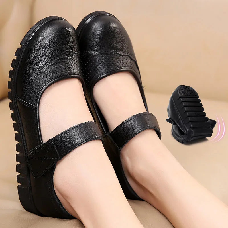 Mocassins plats et ouverts vintages en cuir orthopedique pour femmes