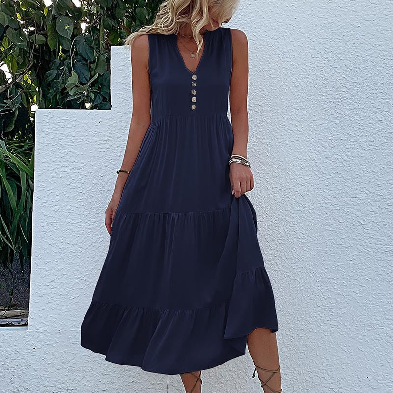 Robe sans manche en viscose détails boutons - Collection été 2023