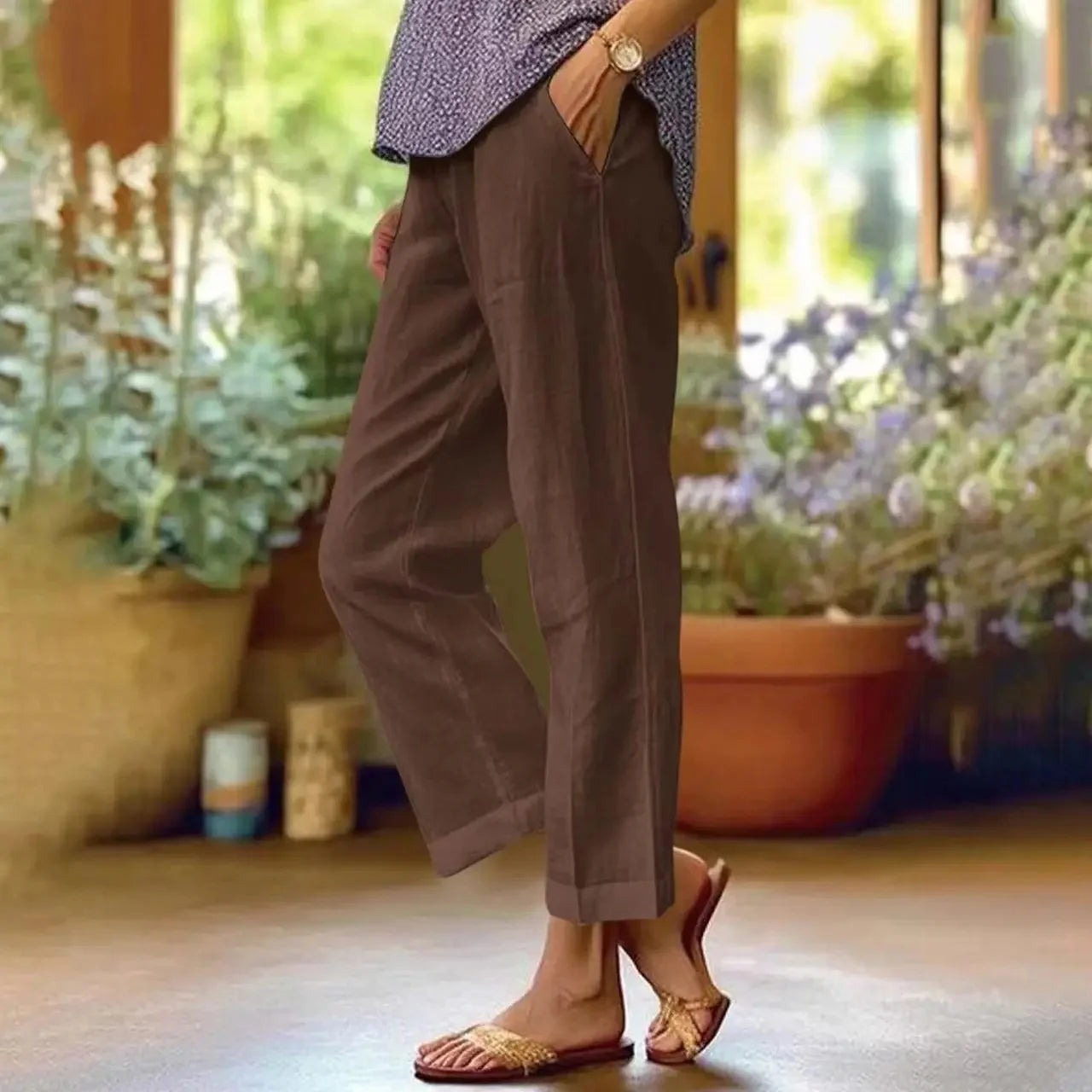 Pantalon Décontracté Coton & Lin Jambe Droite Ample avec Poches