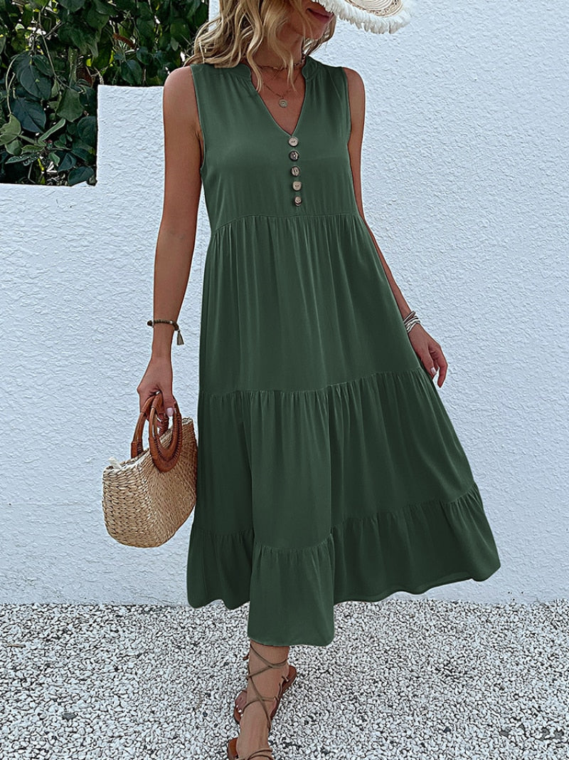 Robe sans manche en viscose détails boutons - Collection été 2023