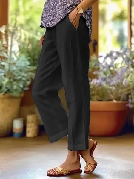 Pantalon Décontracté Coton & Lin Jambe Droite Ample avec Poches