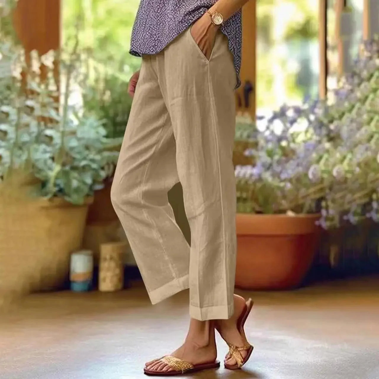 Pantalon Décontracté Coton & Lin Jambe Droite Ample avec Poches