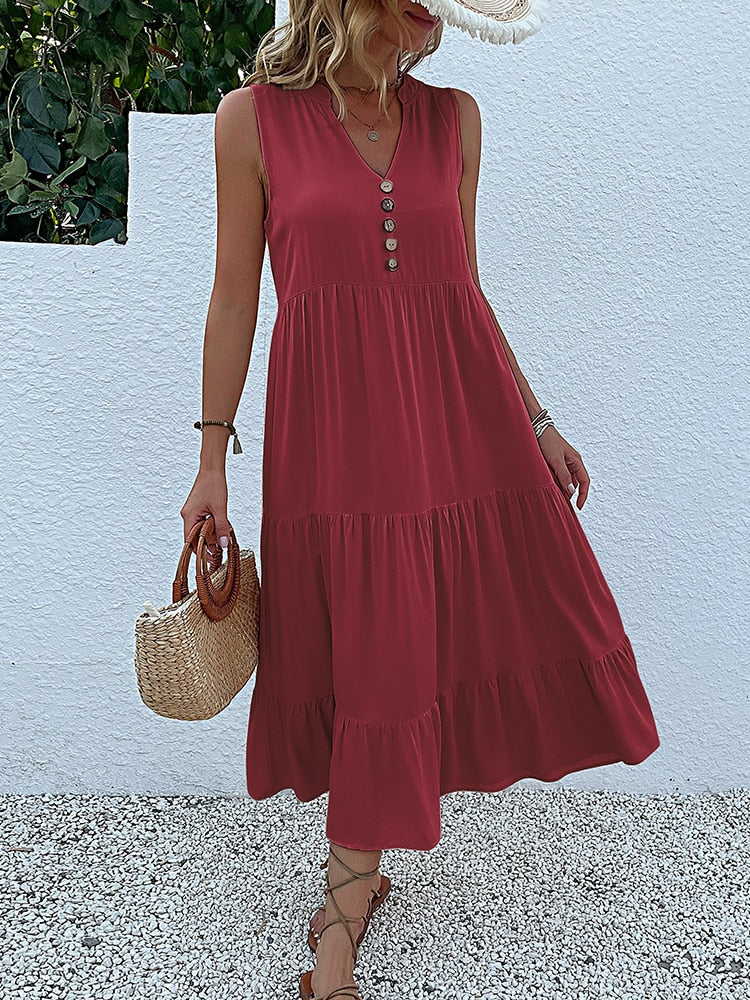 Robe sans manche en viscose détails boutons - Collection été 2023