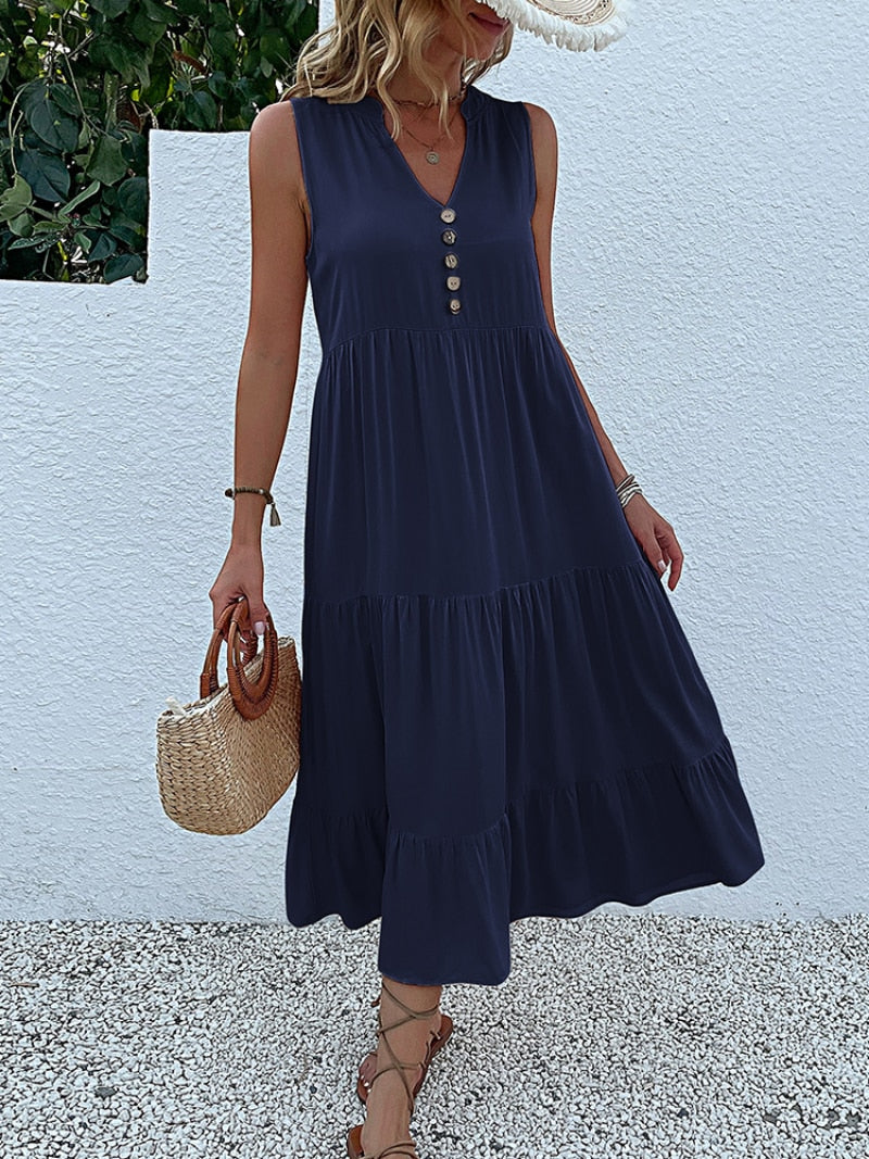Robe sans manche en viscose détails boutons - Collection été 2023