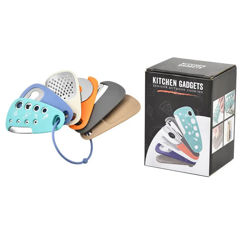 Set 6-EN-1 Ustensiles de Cuisine Multifonctions – Économe, Râpe, Coupe-Herbe, Rouleau à Pizza, Décapsuleur