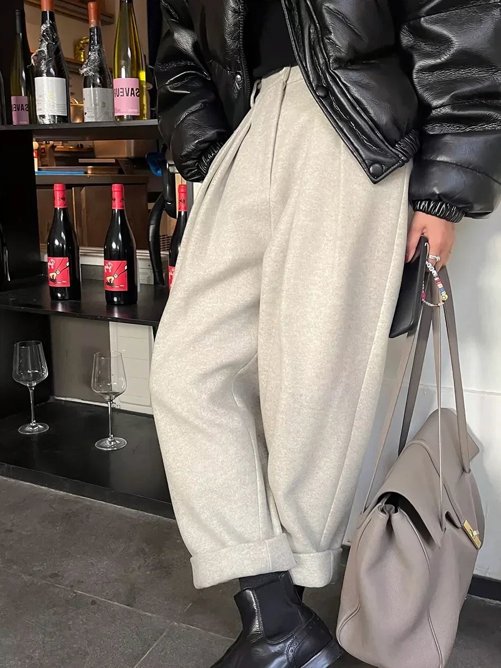 Pantalon Sarouel en Laine Taille Haute