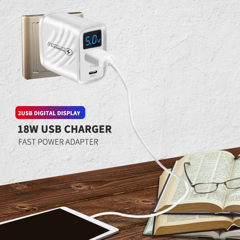 Chargeur USB 2 en 1 20W à Affichage Numérique - Charge Rapide 3.0
