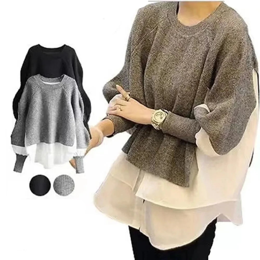 Pull en tricot à manches ballon et fausse chemise