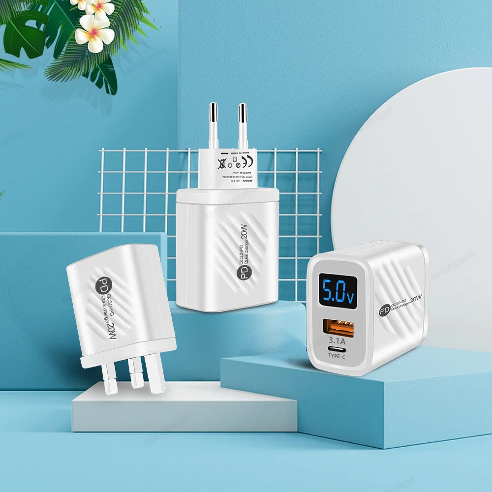 Chargeur USB 2 en 1 20W à Affichage Numérique - Charge Rapide 3.0