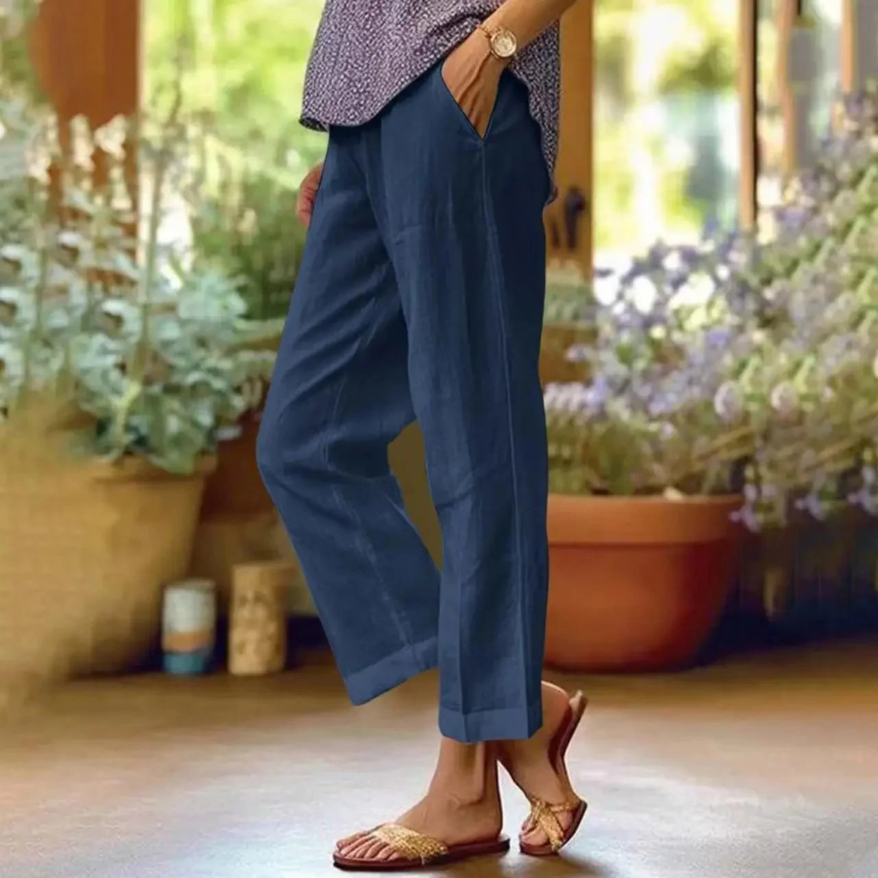 Pantalon Décontracté Coton & Lin Jambe Droite Ample avec Poches