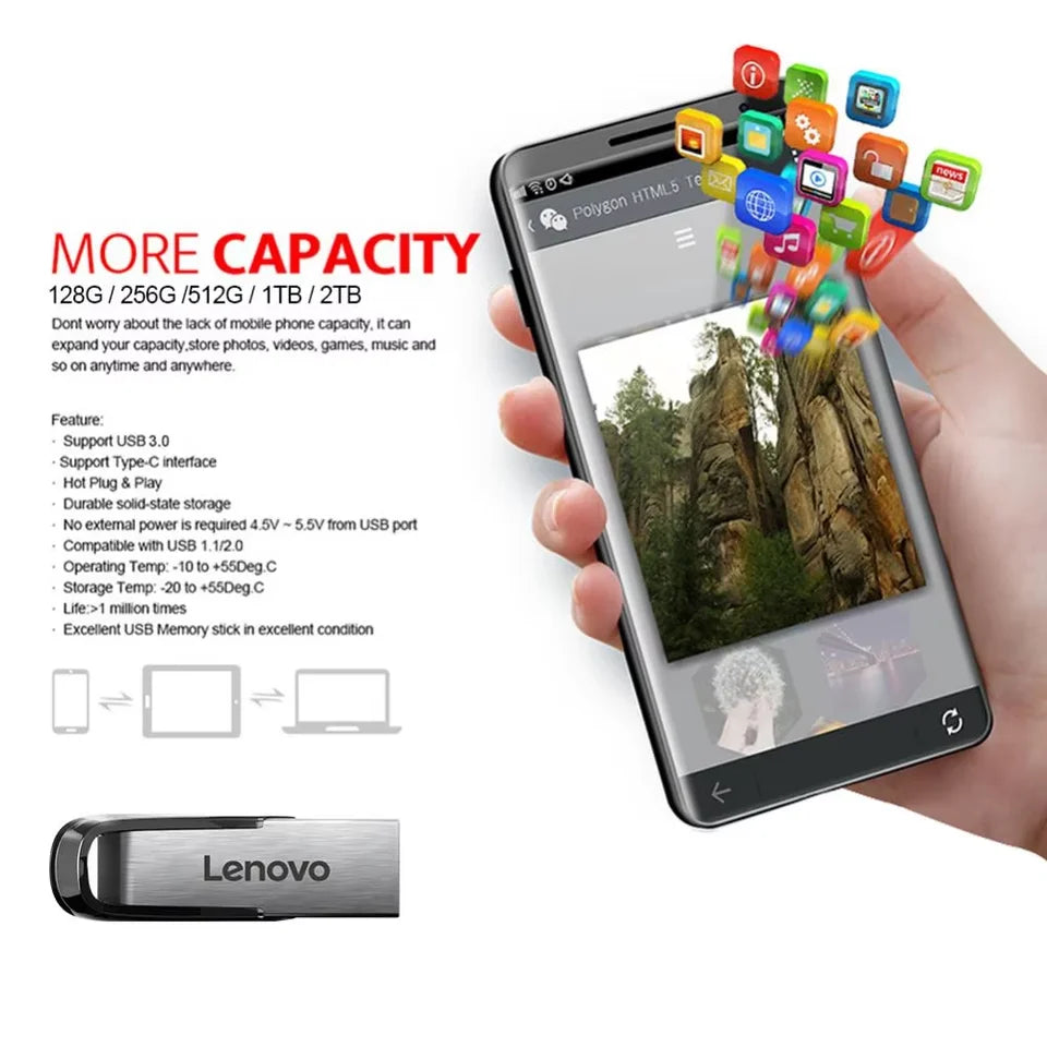 Lenovo Clé USB 3.0 Haute Vitesse 128GB à 2TB - Adaptateur Type-C OFFERT