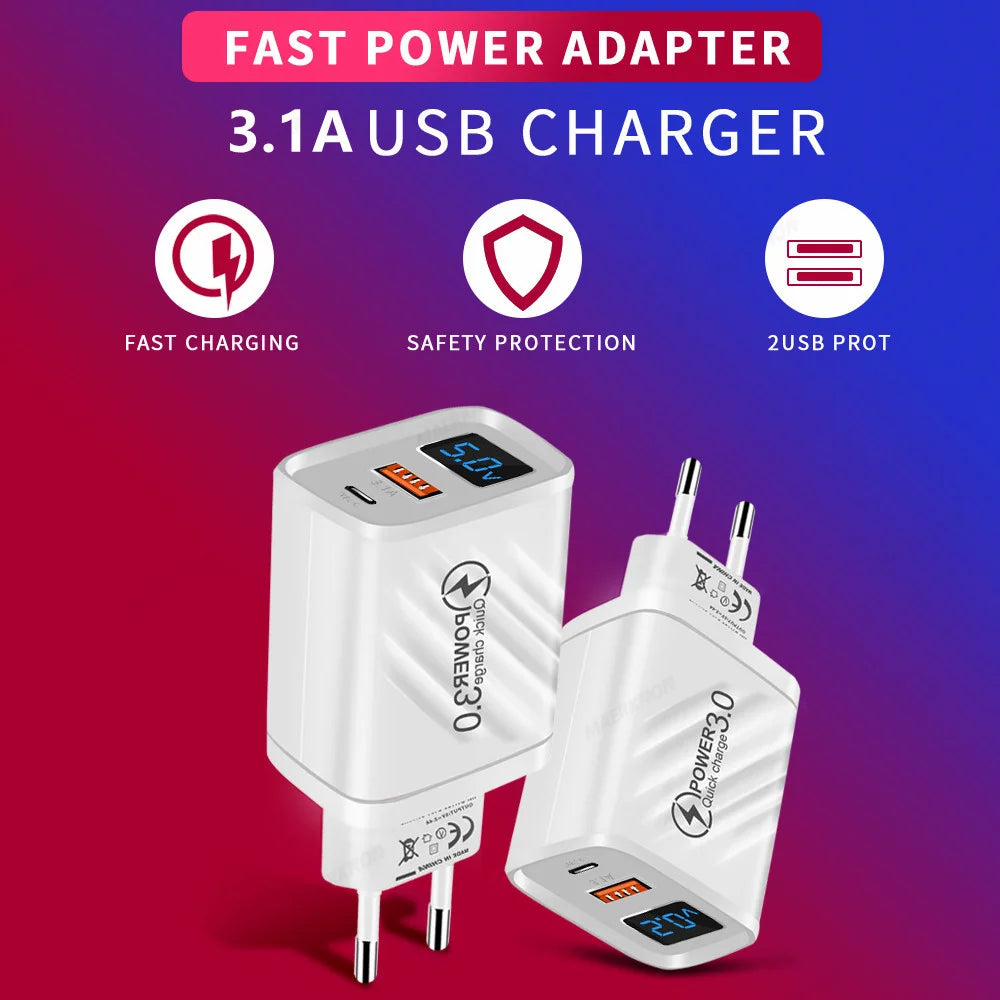 Chargeur USB 2 en 1 20W à Affichage Numérique - Charge Rapide 3.0