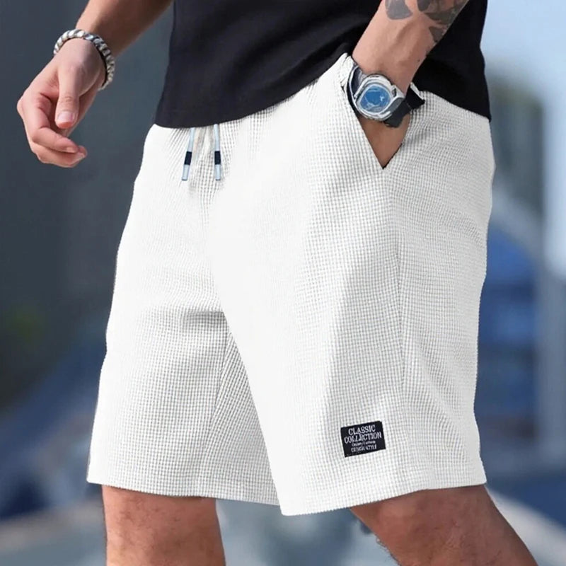 Short Homme Waffle Texturé Uni Respirant — Cordon Élastique, Sport, Plage & Casual Été