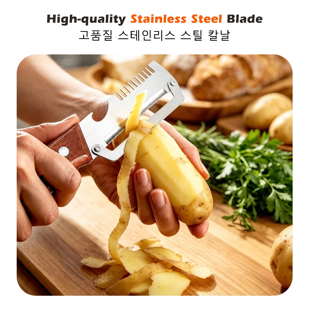 Éplucheur de Cuisine 3-en-1 en Acier Inoxydable avec Manche en Bois – Éplucheur, Râpe & Décapsuleur – 1 Acheté = 1 Offert