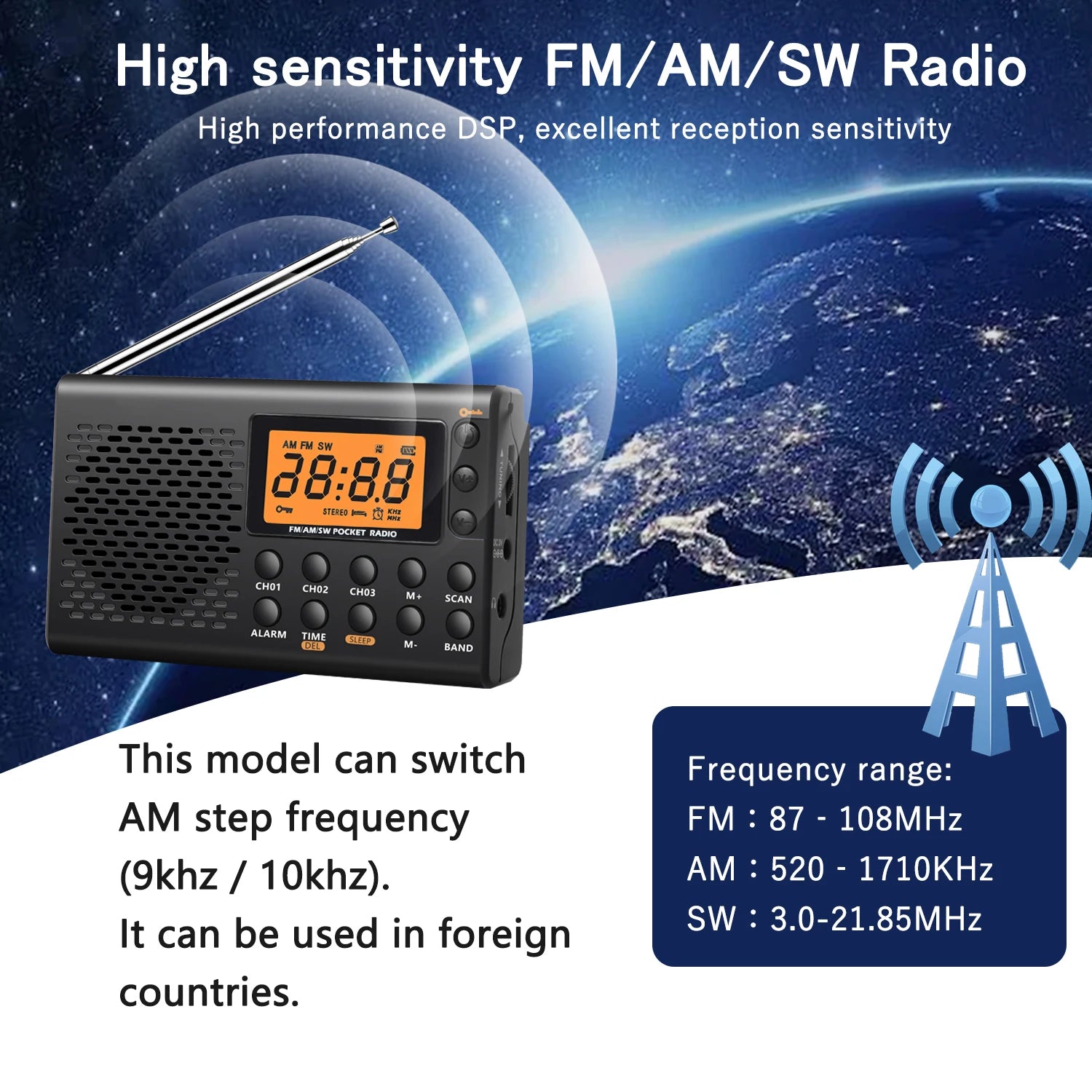Radio-Réveil numérique 3 bandes AM/FM/SW