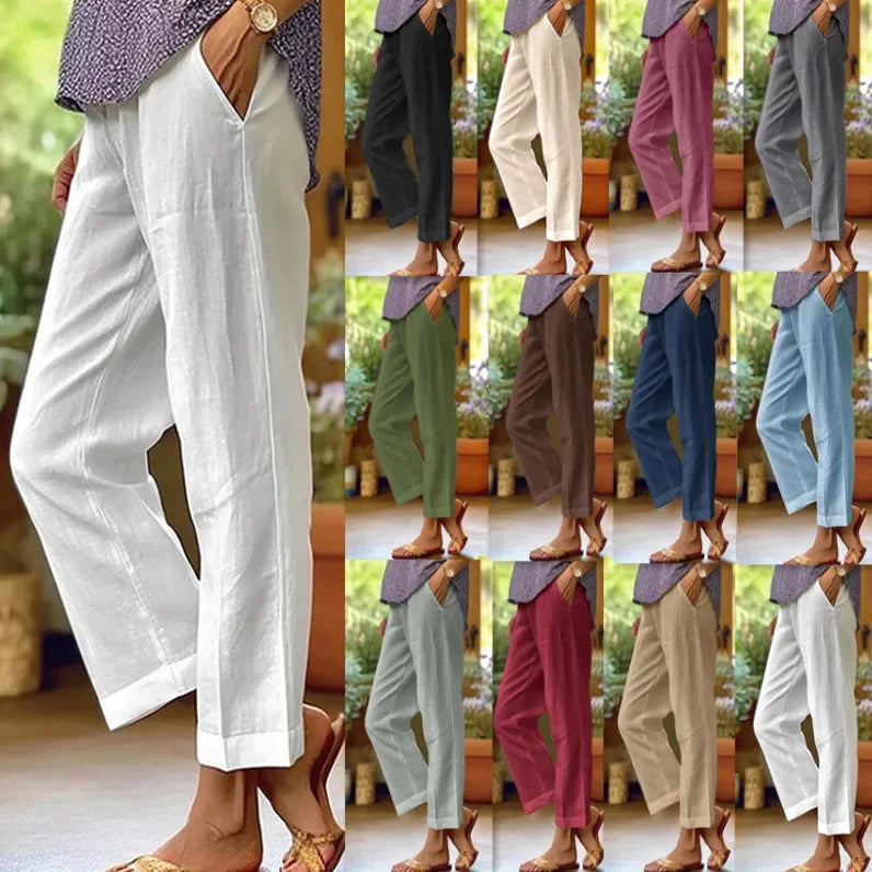 Pantalon Décontracté Coton & Lin Jambe Droite Ample avec Poches
