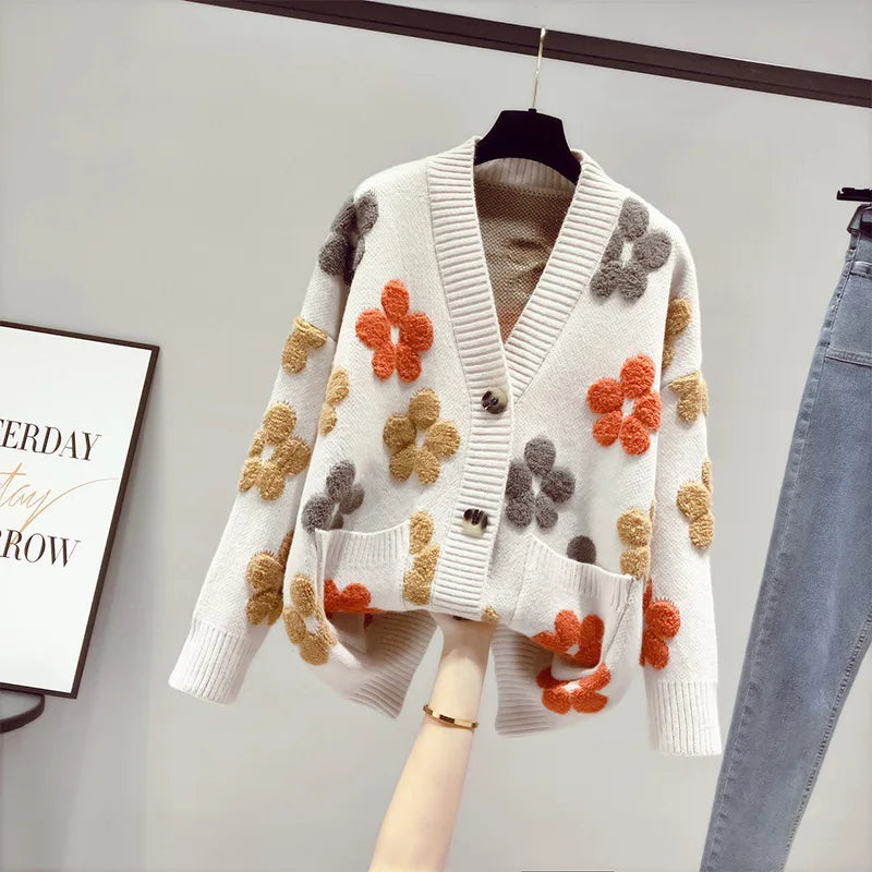 Cardigan en maille à Motif Floral en Relief