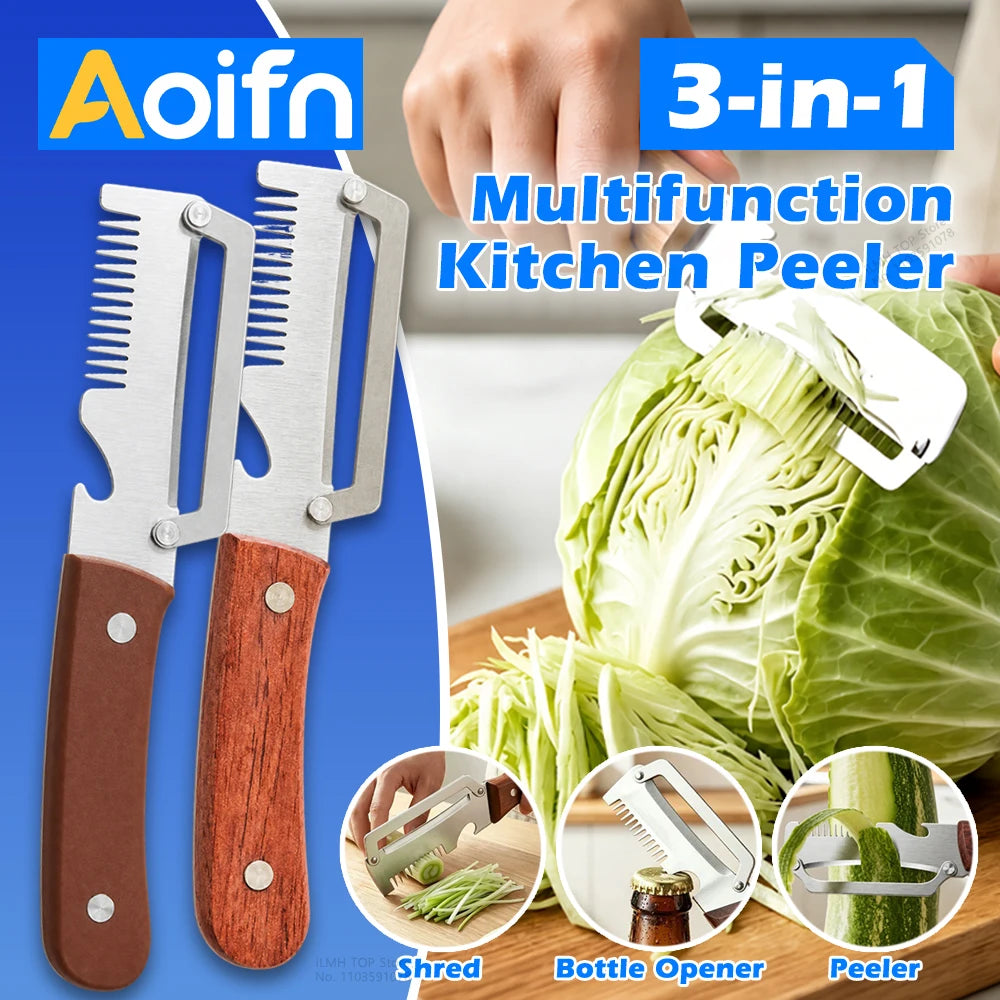 Éplucheur de Cuisine 3-en-1 en Acier Inoxydable avec Manche en Bois – Éplucheur, Râpe & Décapsuleur – 1 Acheté = 1 Offert