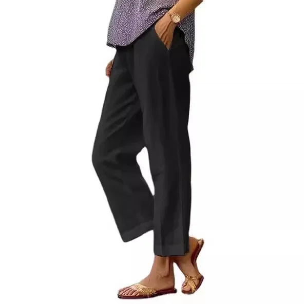 Pantalon Décontracté Coton & Lin Jambe Droite Ample avec Poches