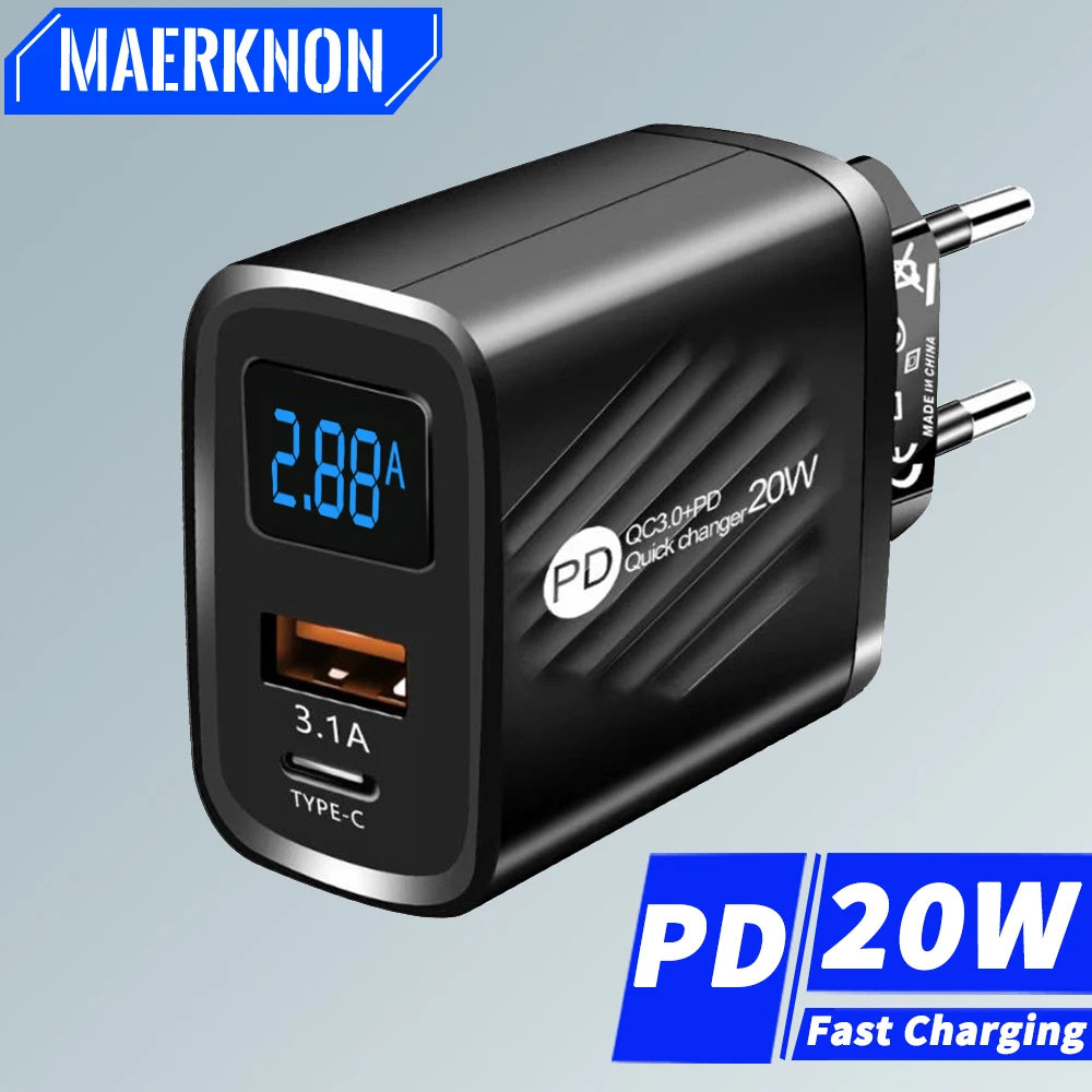 Chargeur USB 2 en 1 20W à Affichage Numérique - Charge Rapide 3.0