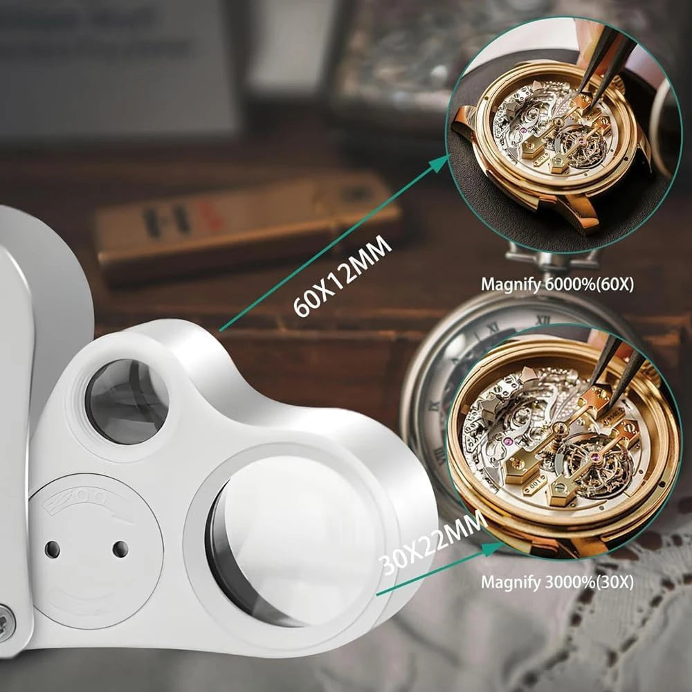 Loupe de Poche de Main 60X + 30X & 2 lumières LED