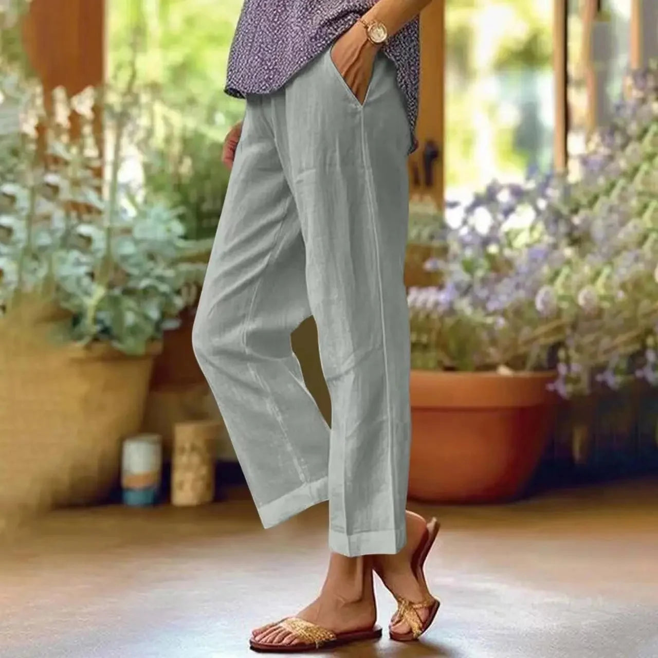 Pantalon Décontracté Coton & Lin Jambe Droite Ample avec Poches