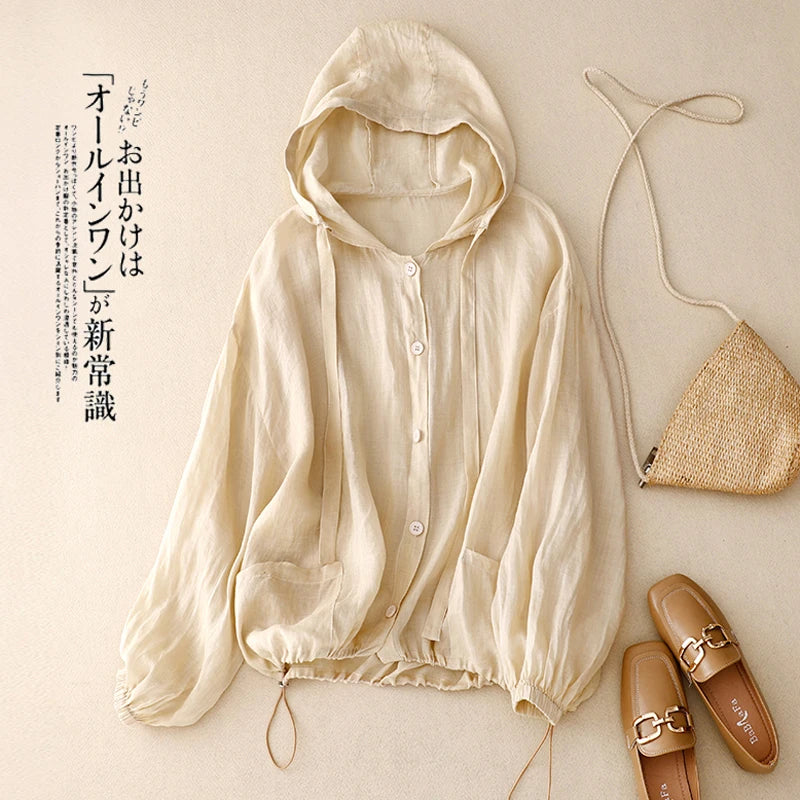 Top à Capuche Léger Manches Longues en Coton & Lin - Printemps