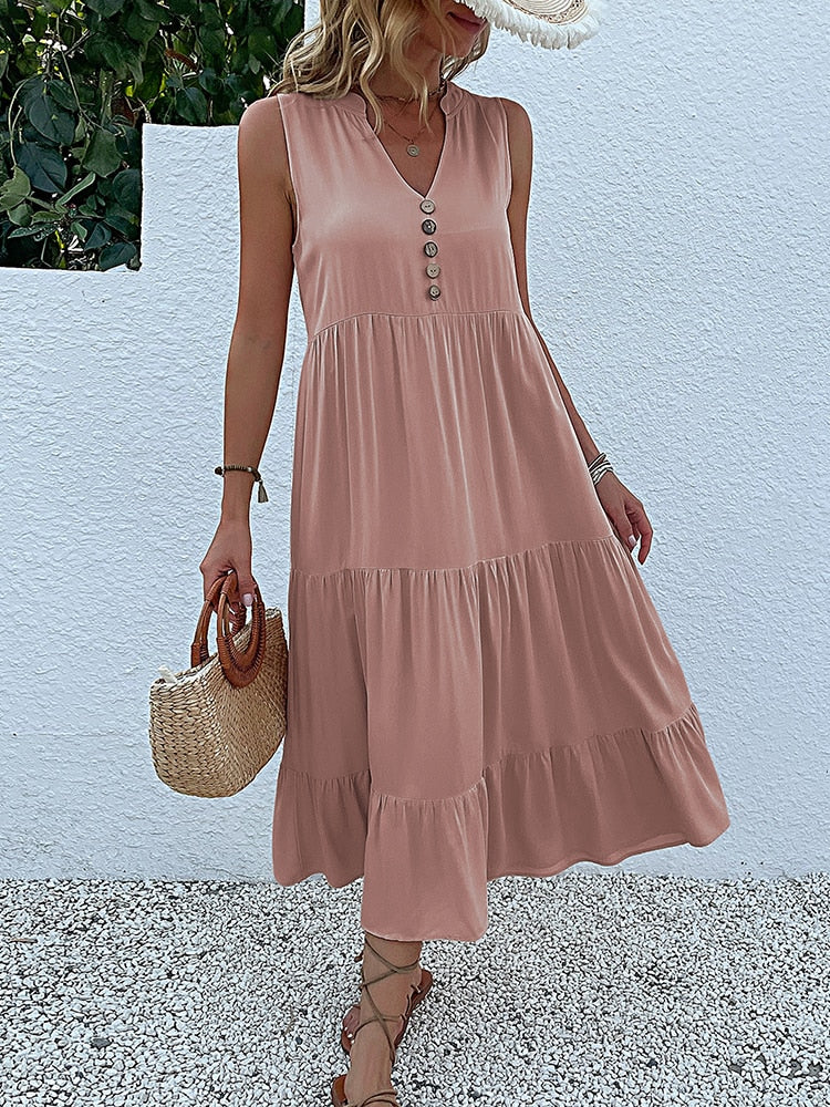 Robe sans manche en viscose détails boutons - Collection été 2023