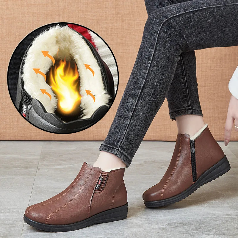 Bottines en Cuir PU souple légèrement compensées - Intérieur Fourrure