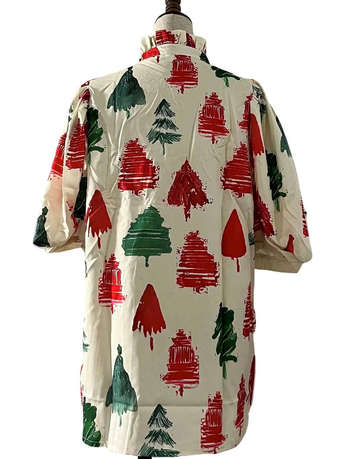 Chemisier motif Sapin de Noël manches bouffantes