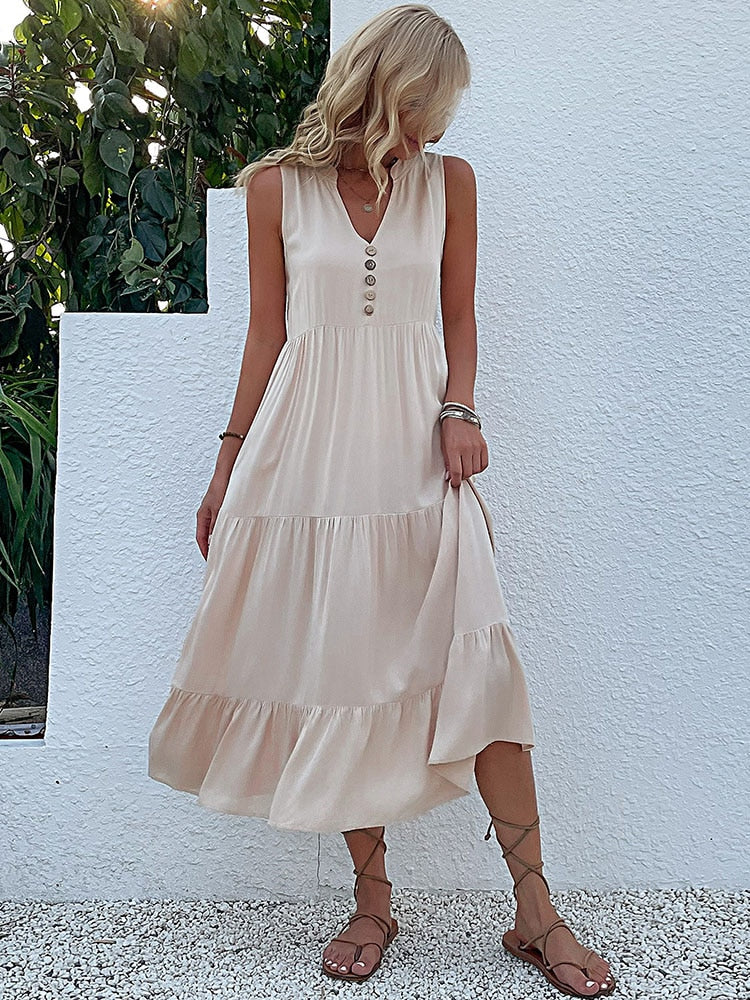 Robe sans manche en viscose détails boutons - Collection été 2023
