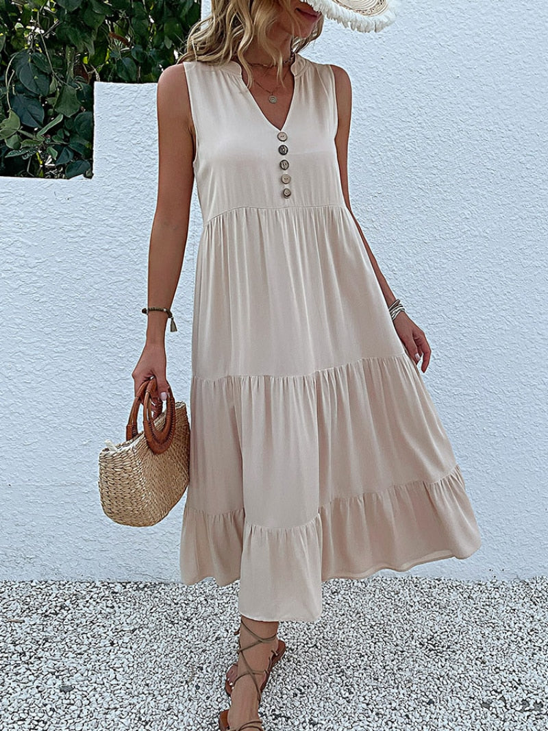 Robe sans manche en viscose détails boutons - Collection été 2023