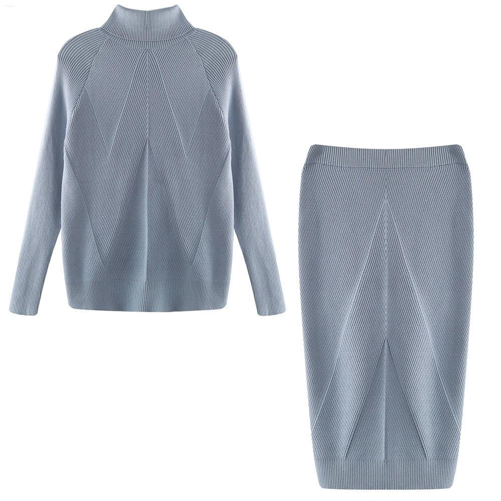 Ensemble pull col roulé et jupe midi gris bleu