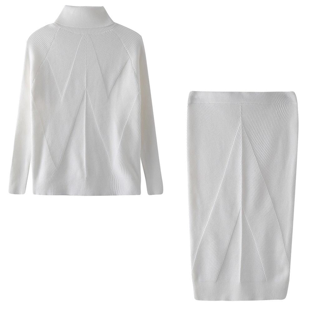 Ensemble pull col roulé et jupe midi blanc