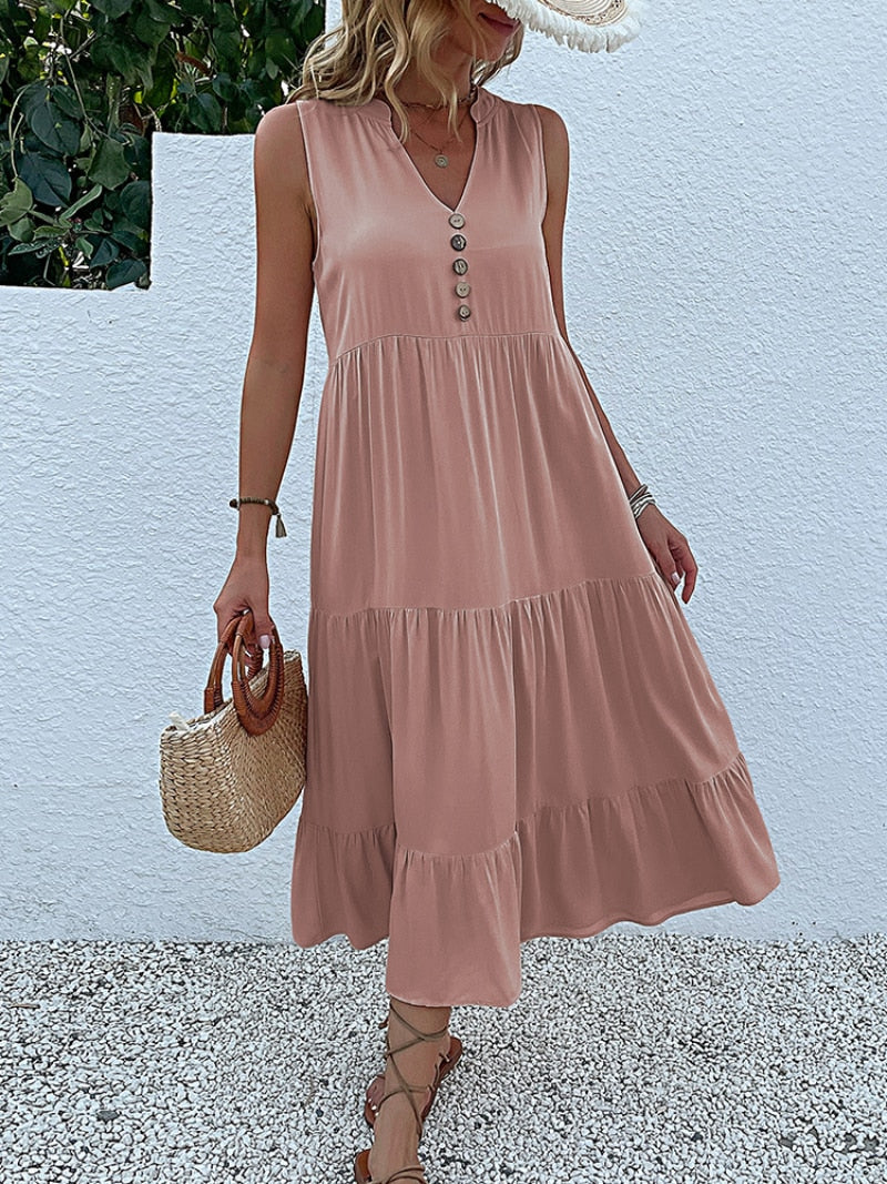Robe sans manche en viscose détails boutons - Collection été 2023