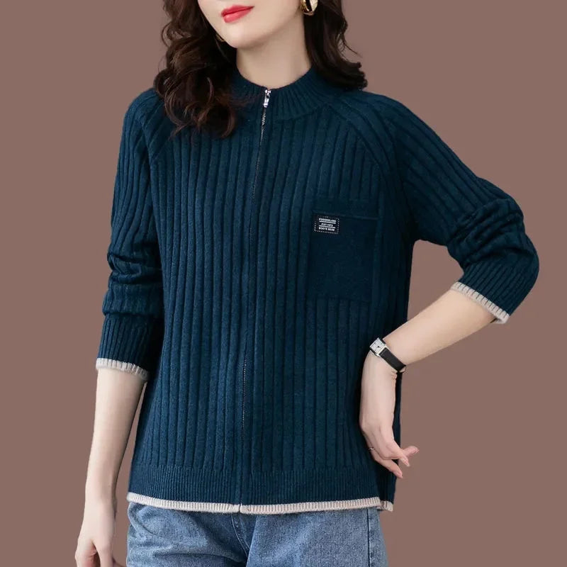 Cardigan décontracté côtelé avec poche avant - Femme