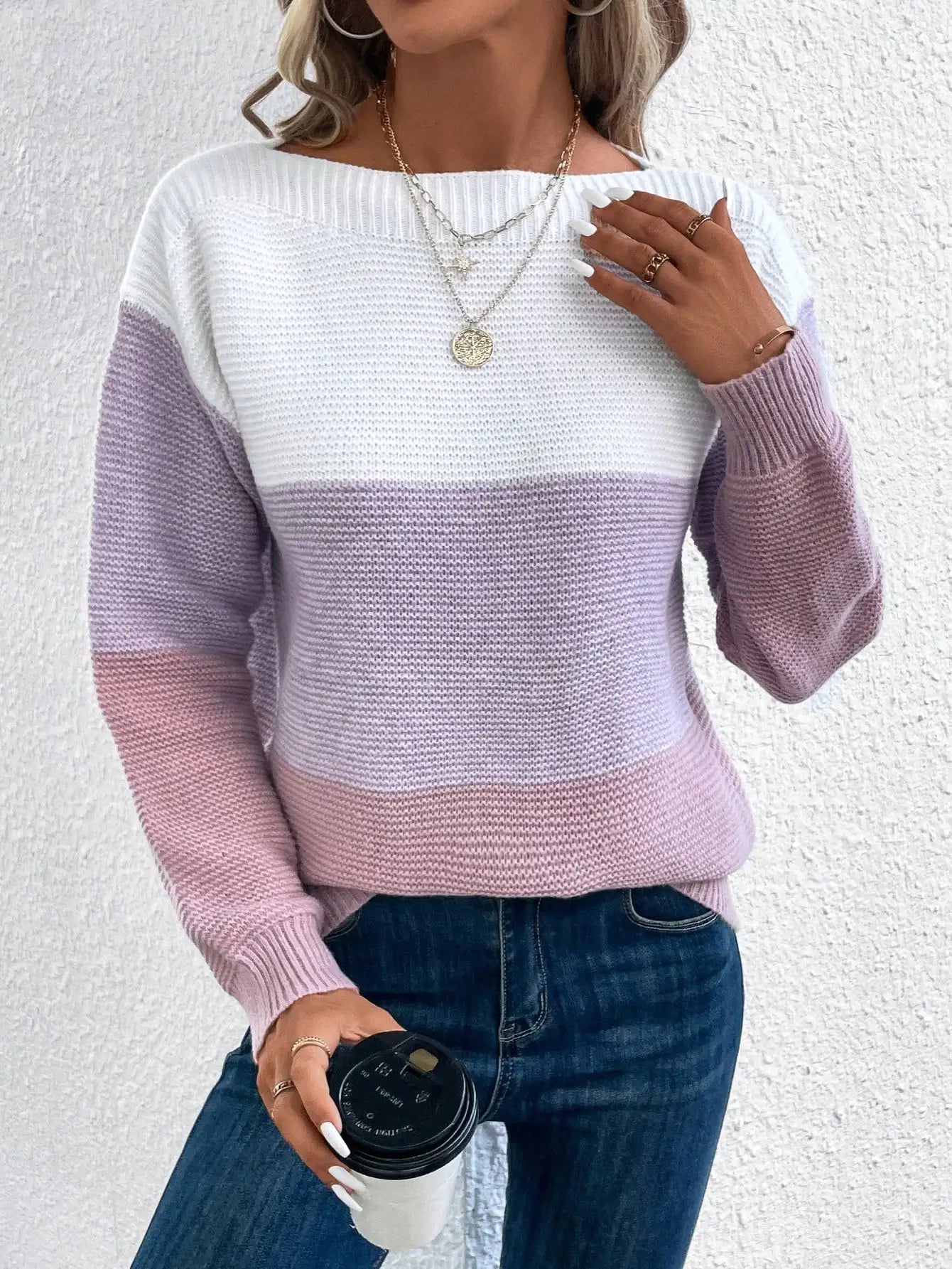 Pull en Maille à 3 Rayures en Dégradé