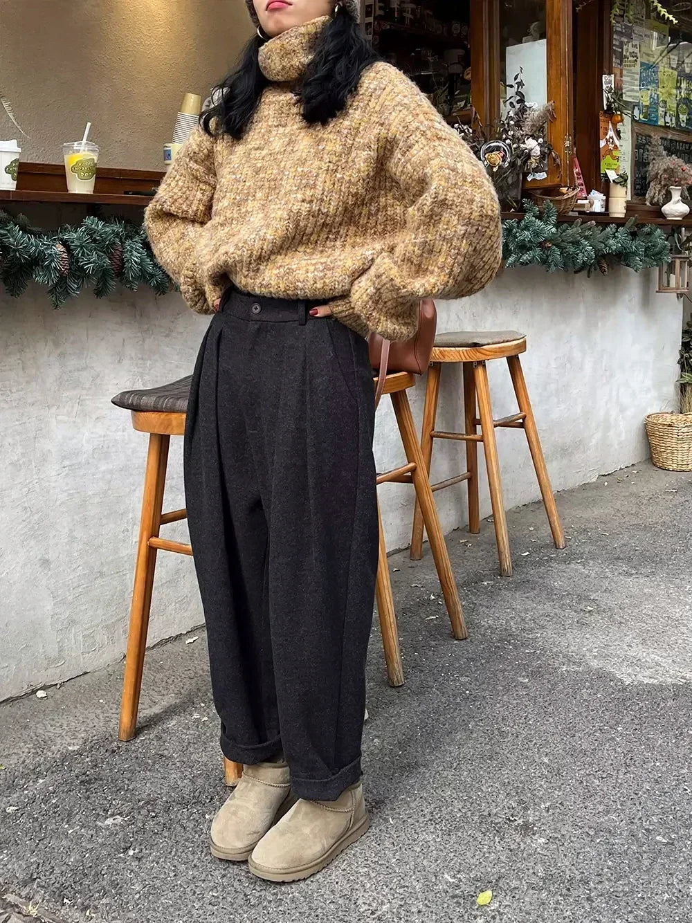 Pantalon Sarouel en Laine Taille Haute