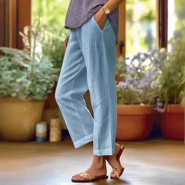 Pantalon Décontracté Coton & Lin Jambe Droite Ample avec Poches