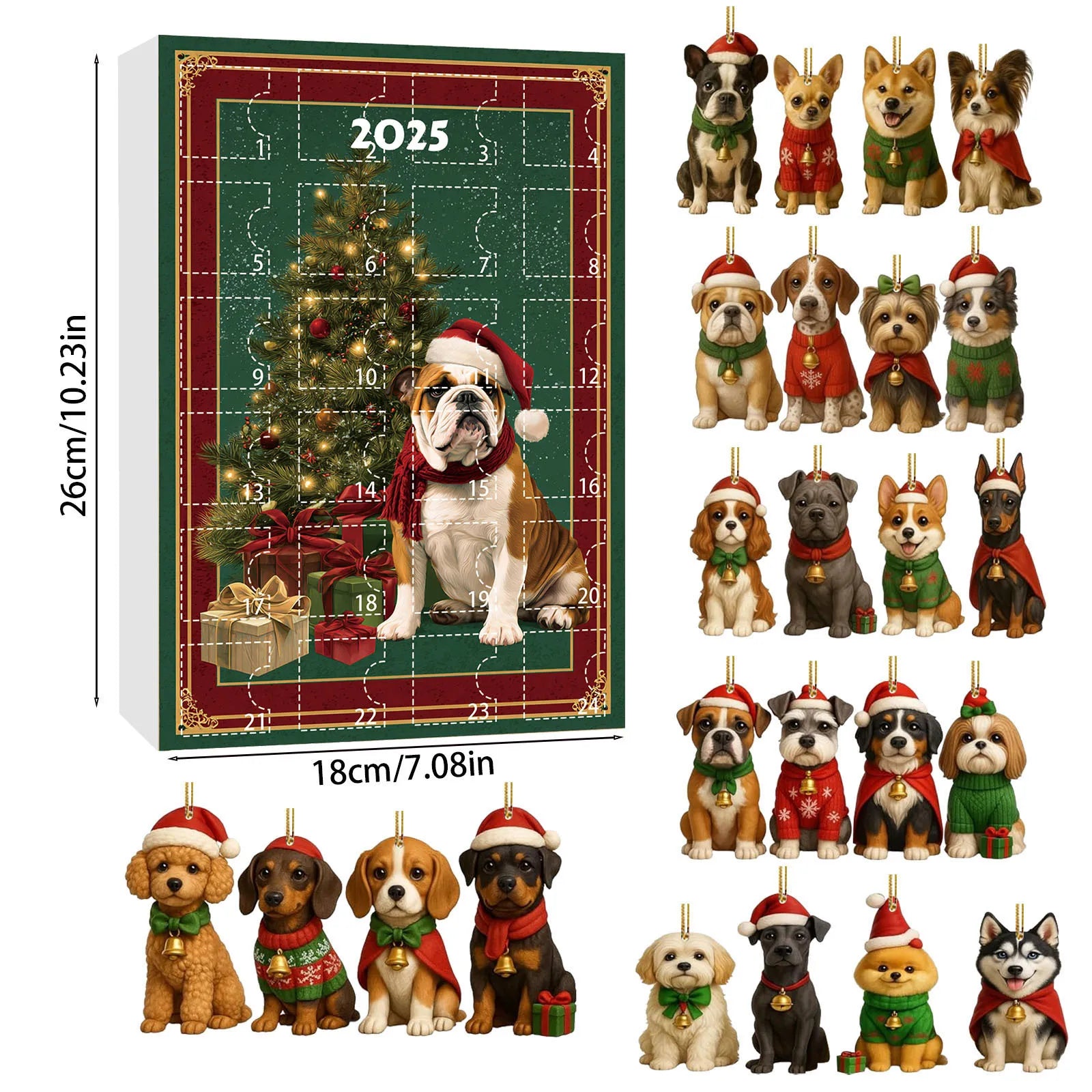 Calendrier de l'Avent 24 Ornements Chiens de Noël