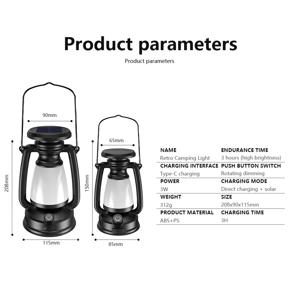 Lanterne Rétro Camping LED Solaire & USB - 3 Modes de Lumière