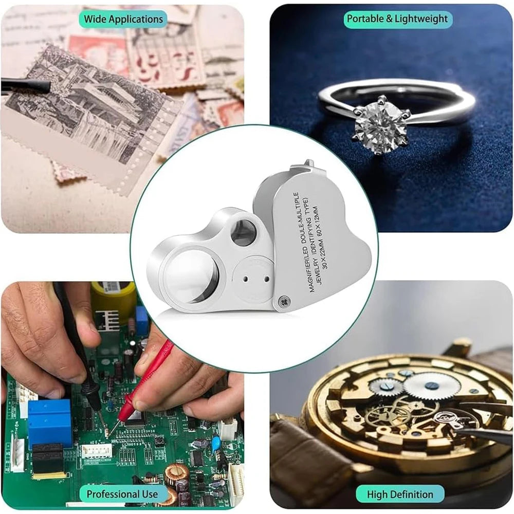 Loupe de Poche de Main 60X + 30X & 2 lumières LED