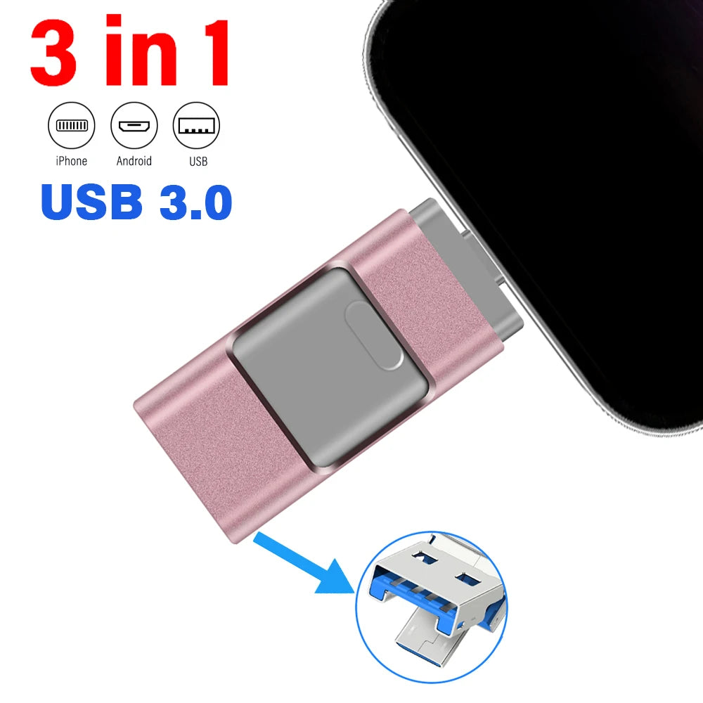 Clé USB 3-en-1 Haute Capacité iPhone & Android - Jusqu'à 256GB